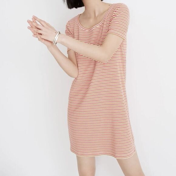 Madewell Swingy Tee Dress Sz XS Short Sleeve Scoop Neck Relaxed Mini Red Stripe - Picture 1 of 12